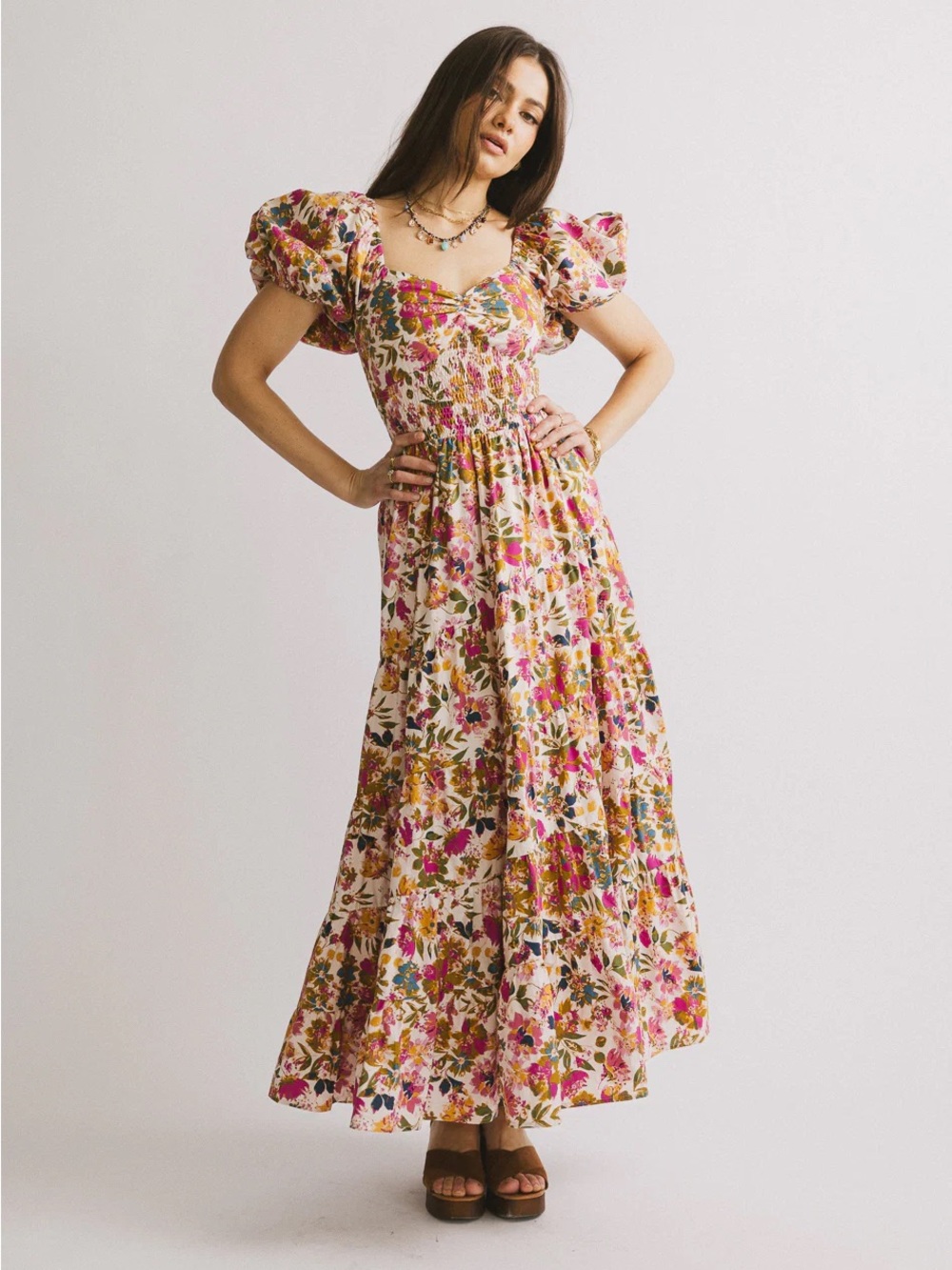 Floral Puff-Sleeve Maxi Dress Colorful Pink Romantic Princess Damsel Meadow M